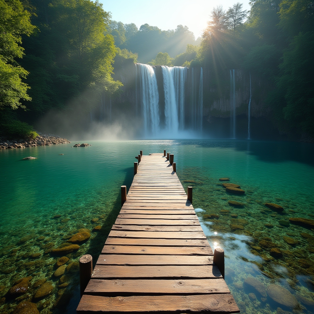 Jutarnje svjetlo na jezerima Plitvice s tirkiznom vodom